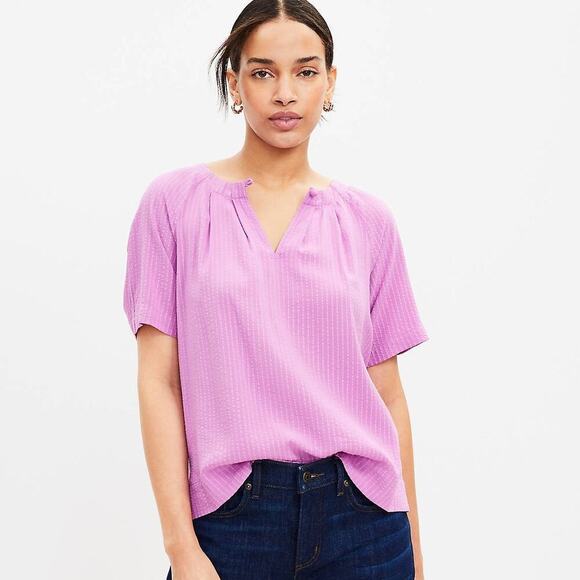 Loft Pink Seersucker Tie Back Yoke Top V-neck Cotton Blend Size Medium - Picture 3 of 7